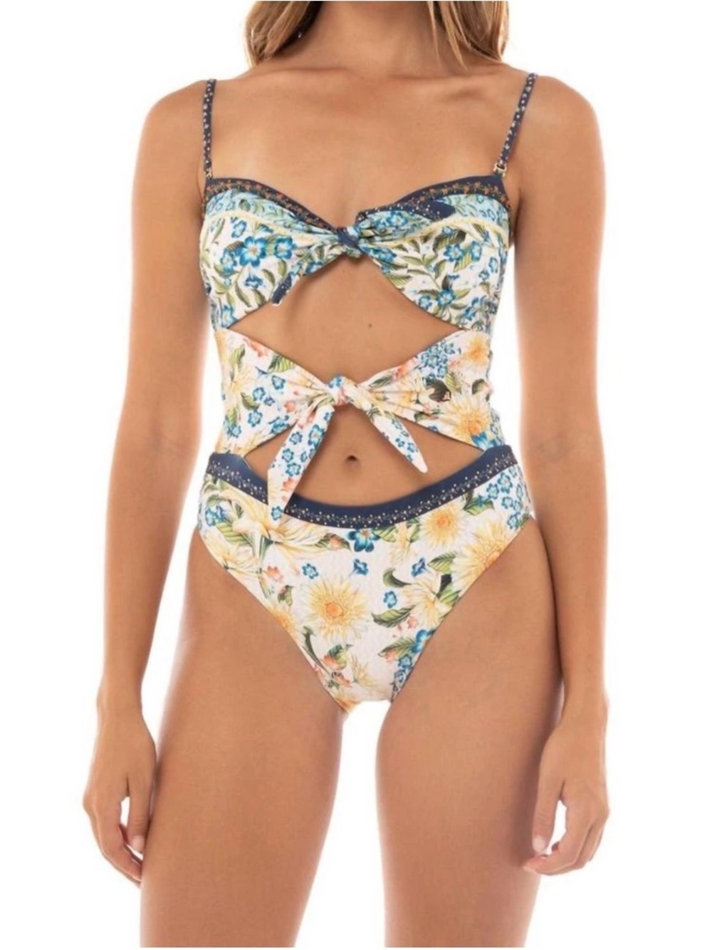 Agua Bendita Carrie Jardim Floral Cutout One Piece Swimsuit XL Embellished